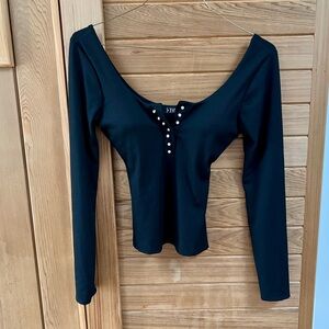 Black Ribbed Long Sleeve Top with Rhinestone Button Detail and Built-In Pads